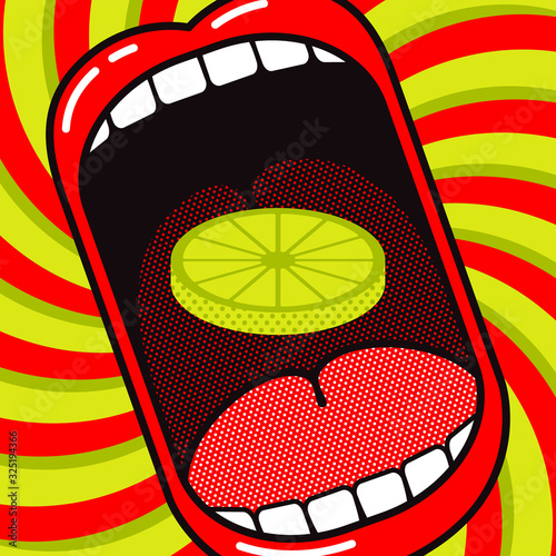 Love to eat lemon! Funny cartoon poster. Large open mouth with slice of lemon or lime on a dynamic background with rotation.