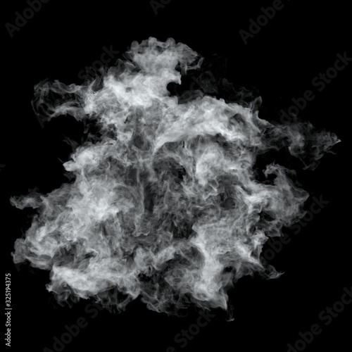 White cloud burst texture isolated on black background. Steam explosion special effect. Realistic thick smoke Puff.