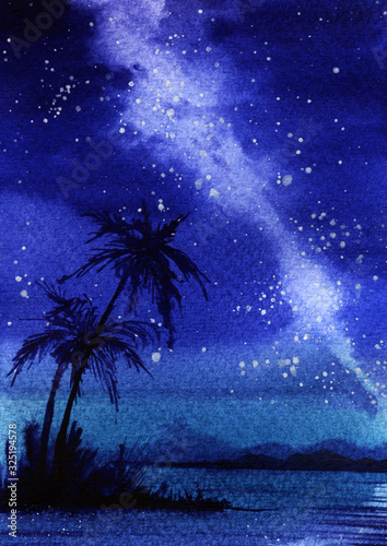 Tropical landscape. Black silhouettes of island with palm trees and mountains against dark blue night sky with stars and Milky Way. Calm water Abstract watercolor background. Hand-drawn illustration