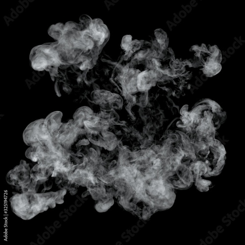 White cloud burst texture isolated on black background. Steam explosion special effect. Realistic thick smoke Puff.