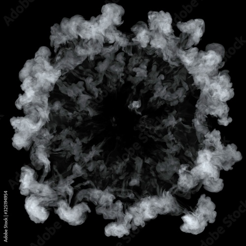 White cloud burst texture isolated on black background. Steam explosion special effect. Realistic thick smoke Puff.