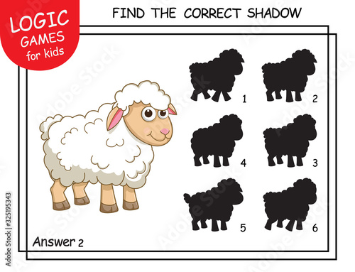 Find the correct shadow. Cute cartoon Sheep. Educational matching game for children with cartoon character. Logic Games for Kids. Education card with task for children preschool and kindergarten.