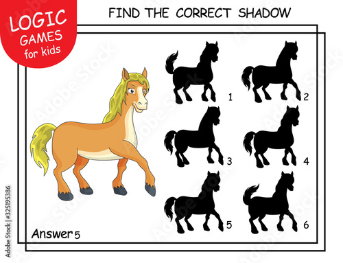 Find the correct shadow Horse. Task with answer. Cute cartoon Pony. Learning matching game for child with fun animal. Logic Games for Kids. Education card with task for child preschool or kindergarten