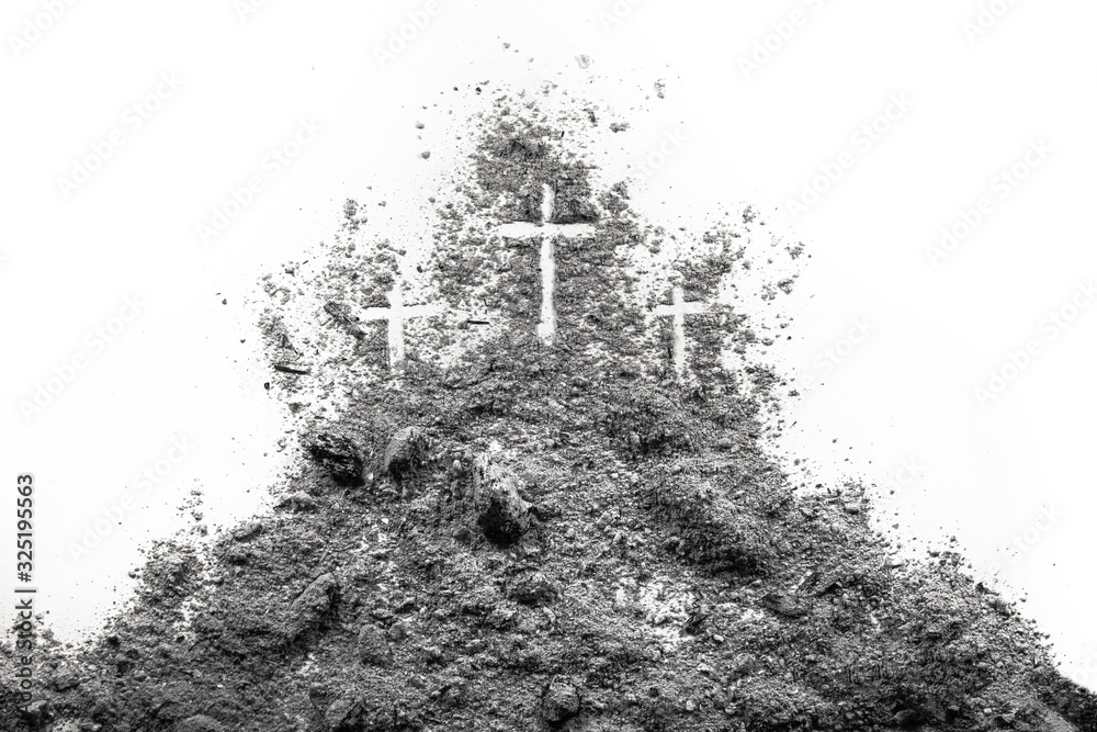 Three cross on the Golgotha hill as Good Friday, Easter, Ash Wdnesday or Lent period drawing in ash or dust as passion of Jesus Christ nad holiday concept