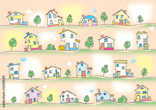 tiny village of multicolor houses with trees