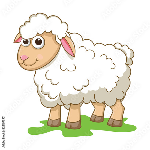 Cute Young Sheep isolated on white background. Farm animal cartoon character. Education card for kids learning animals. Logic Games for Kids. Vector illustration in cartoon style.