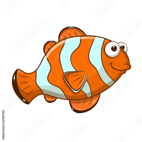 Cute cartoon orange Clown Fish isolated on white background. Sea animal cartoon character. Education card for kids learning animals. Logic Games for Kids. Vector illustration in cartoon style.