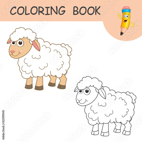 Coloring book or page cartoon illustration of funny sheep. Cute colorful farm animalas an example for coloring book. Practice worksheet for preschool and kindergarten. Educational game for kids.