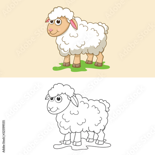Coloring book or page cartoon illustration of funny sheep. Cute colorful farm animalas an example for coloring book. Practice worksheet for preschool and kindergarten. Educational game for kids.
