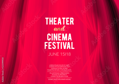 Horizontal theater and cinema festival background with red curtains, graphic elements and text. 