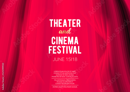 Horizontal theater and cinema festival background with red curtains, graphic elements and text. 