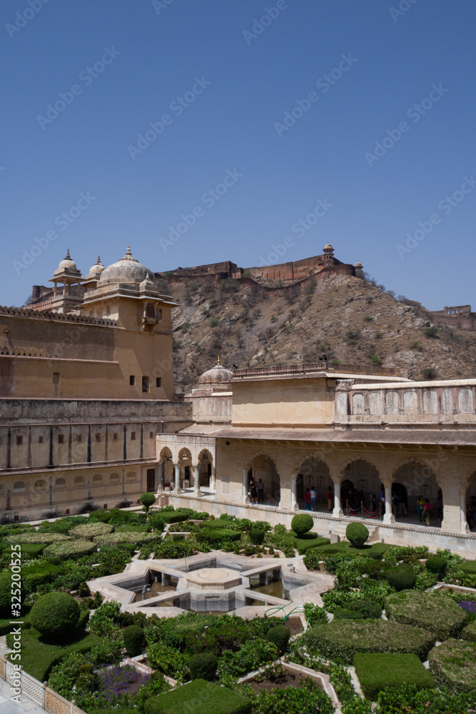 The pleasure garden, Aram Bagh, built in a Mughal style with a fountain in the centre. The Jaigarh Fort is on the top of the hill. Amber Fort, Amber, India