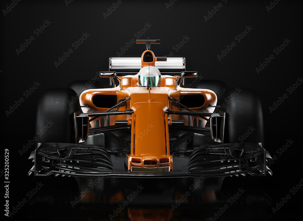 Motor sports competitive team racing. Sleek generic orange race car and driver with front view perspective, studio lighting and reflective background. 3d rendering