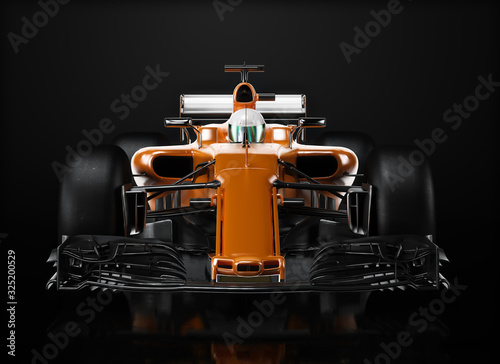 Motor sports competitive team racing. Sleek generic orange race car and driver with front view perspective, studio lighting and reflective background. 3d rendering © Digital Storm