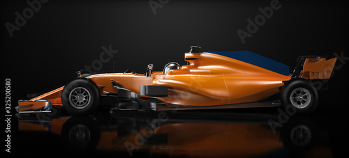 Motor sports competitive team racing. Sleek generic orange race car and driver with side view perspective, studio lighting and reflective background. 3d rendering photo