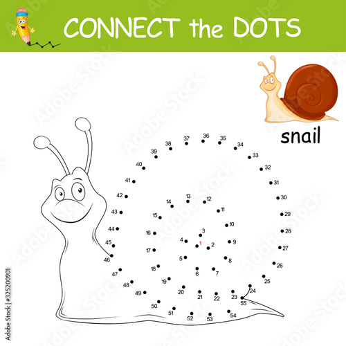 Connect the dots by numbers to draw the animal. Dot to dot Education Game and Coloring Page with cartoon cute Snail character. Logic Games for Kids. Education card for kids learning counting number.