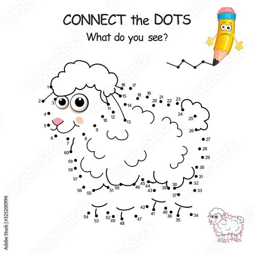 Dot to dot Sheep. Connect all dots and you see which animal is hidden on the picture. Join the dots by numbers to draw Sheep. Education Game and Coloring Page with cartoon cute Lamb.Logic Game for Kid