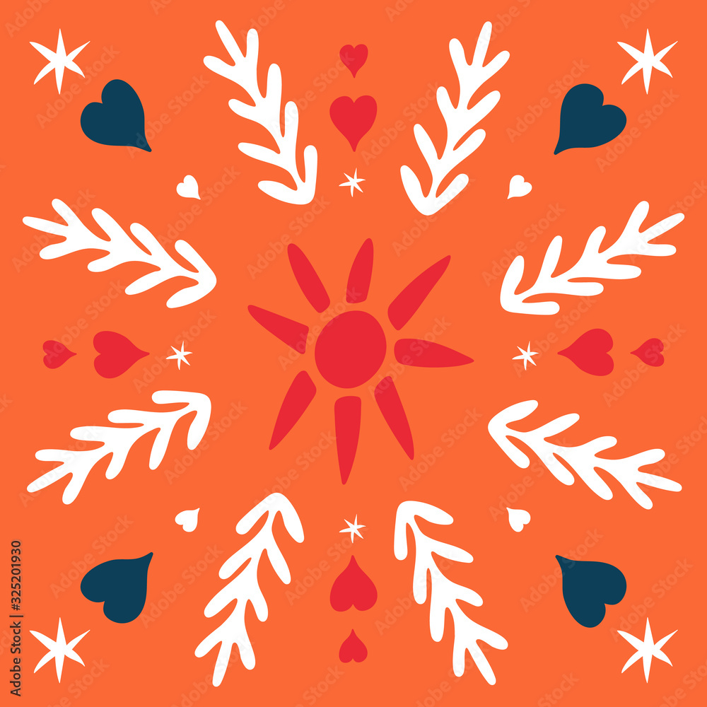 Folk square tile. Scandinavian pottery style. Folklore cliparts elements for tile, napkins, coasters, postcard, patchwork, ornament, tile mosaic. Ceramic tableware folk print. Ethnic background. Folk square tile. Scandinavian pottery style. Folklore cliparts elements for tile, napkins, coasters, postcard, patchwork, ornament, tile mosaic. Ceramic tableware folk print. Ethnic background.