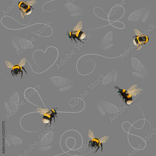 Leinwand Poster Bumblebee seamless pattern with abstract lines and insect wings on gray