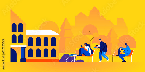 Students sitting on benches and studying or reading books outside of university building. Young teenage boys and girls preparing for college exams outdoors. Modern flat cartoon vector illustration.