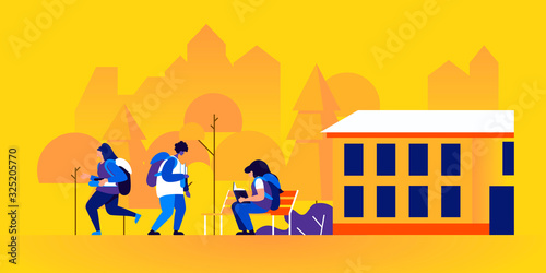 Children reading books outside of school building. Pupils or schoolmates with textbooks studying outdoors. Young boys and girls with backpacks on city street. Modern flat cartoon vector illustration.