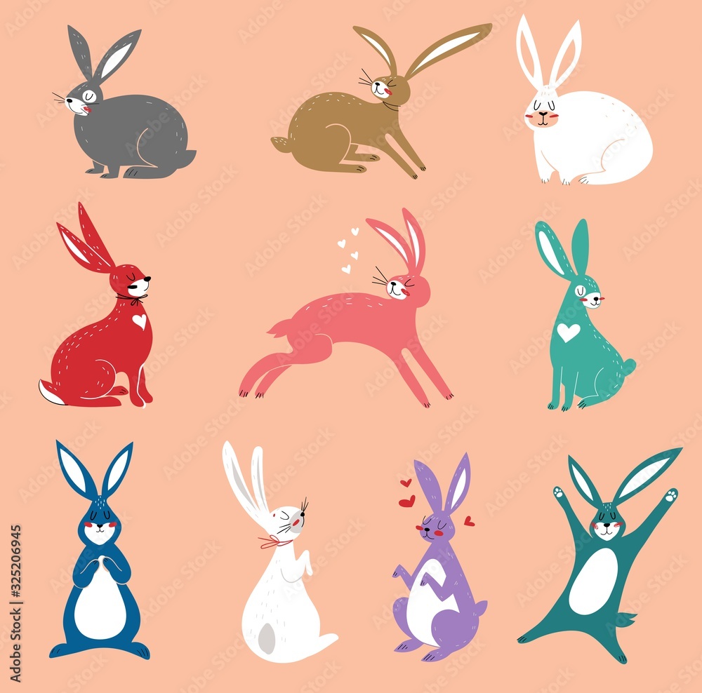 Vector set of cute rabbits in cartoon style. Rabbits in cartoon style. Vector illustration. Draw vector illustration set design of rabbit. Doodle style. Bunny, cute characters. Vector set of cute rabbits in cartoon style. Rabbits in cartoon style. Vector illustration. Draw vector illustration set design of rabbit. Doodle style. Bunny, cute characters.