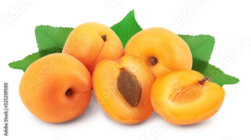 Apricot fruit with leaves isolated on white background macro