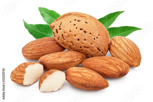 Almonds nuts with leaves isolated on white background with clipping path and full depth of field.