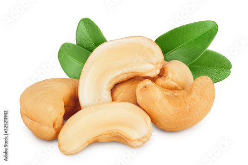 Roasted Cashew nuts with leaf isolated on white background with clipping path and full depth of field. photo