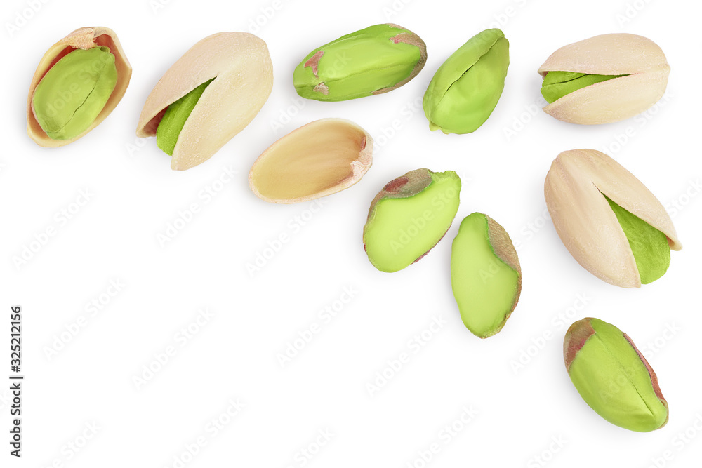 pistachio isolated on white background with clipping path and full depth of field. Top view with copy space for your text. Flat lay pistachio isolated on white background with clipping path and full depth of field. Top view with copy space for your text. Flat lay