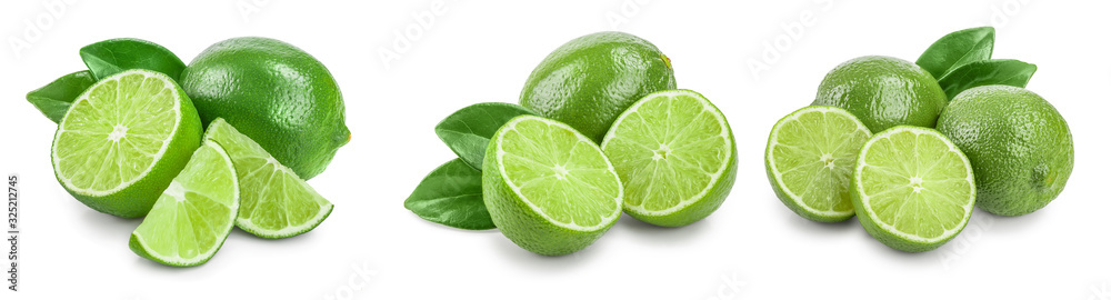 lime with half and leaf isolated on white background. Set or collection lime with half and leaf isolated on white background. Set or collection