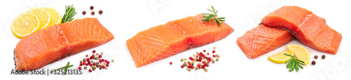 fillet of red fish salmon with lemon and rosemary isolated on white background. Set or collection