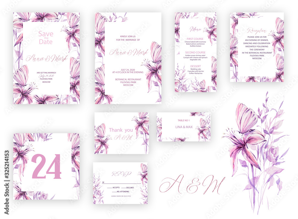 Botanical wedding invitation card template design, pink flowers and butterfly on white background, vintage style. Wedding invitation templates. Banners decoration, romantic watercolor objects Botanical wedding invitation card template design, pink flowers and butterfly on white background, vintage style. Wedding invitation templates. Banners decoration, romantic watercolor objects