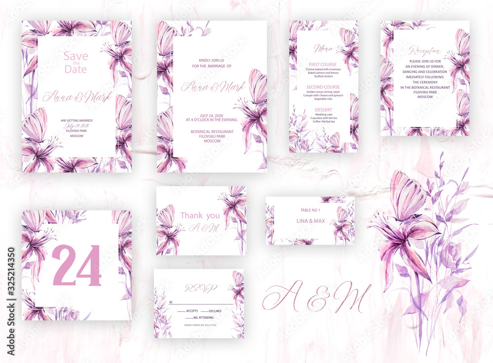 Botanical wedding invitation card template design, pink flowers and butterfly on white background, vintage style. Wedding invitation templates. Banners decoration, romantic watercolor objects