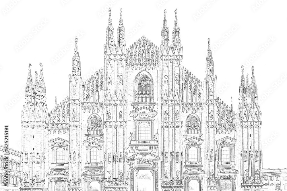 Architectural detail of the facade of Duomo Cathedral in Milan Italy - Drawing effect