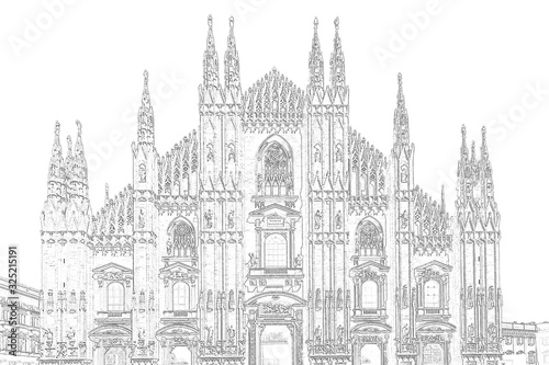 Architectural detail of the facade of Duomo Cathedral in Milan Italy - Drawing effect