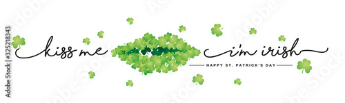 Kiss me I am Irish handwritten typography lettering line design St Patricks Day with lips white background banner