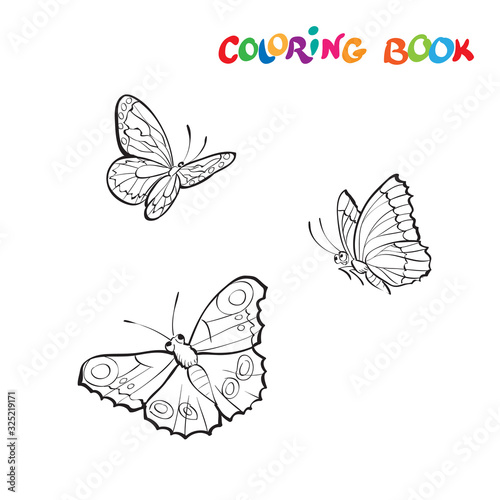 Vector illustration with three butterflies on a white background. Coloring