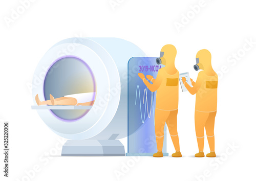 Doctors on hamzat checking on coronavirus patient. Ill man lies in medical scanning and diagnostics machine. Epidemic MERS-CoV virus 2019-nCoV. Vector flat illustration concept on white background. photo