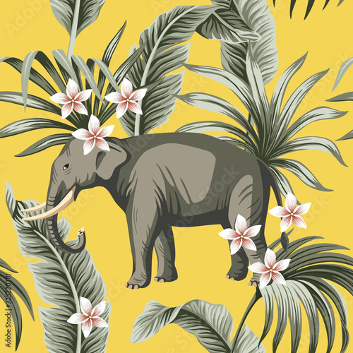 Tropical vintage animal elephant, plumeria flower, palm leaves, banana leaves floral seamless pattern yellow background. Exotic jungle wallpaper.