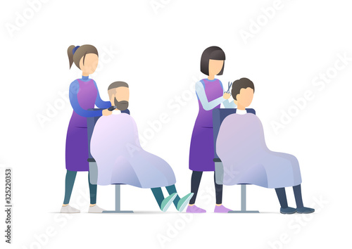 People in barber shop. Hairdressers making people fashion haircut to men clients. Fashion hairdressing salon. Vector flat illustration concept on white background.