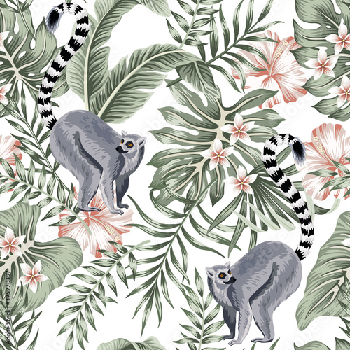 Tafelkleed Tropische vintage dierlijke lemur, plumeria hibiscus bloem, palmbladeren, bananenbladeren naadloze bloemmotief witte achtergrond. Exotisch junglebehang. -