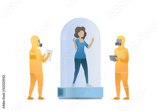Coronavirus identification. Cartoon people infected with virus. Doctor in virus protection suit make analyze and research. Epidemic MERS-CoV virus 2019-nCoV. Vector flat illustration.