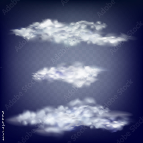 Realistic vector clouds set. Storm clouds on a dark transparent background. A natural phenomenon. Set of decorative elements for design. Bad weather sign