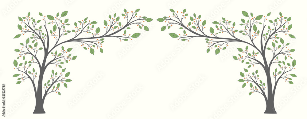 Two flowering trees with leaves and berries in the form of an arch on a light background