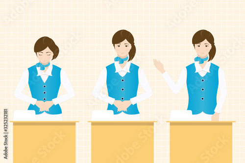A woman standing at reception desk