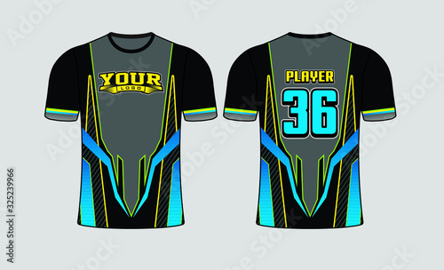 Black body with modern technic design filled background color of blue and yellow design shirt