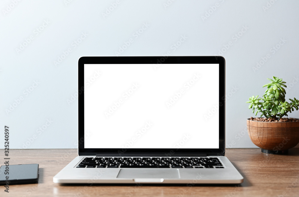 blank screen Modern laptop computer with mouse,Smart phone and Succulent on wood table in office view backgrounds blank screen Modern laptop computer with mouse,Smart phone and Succulent on wood table in office view backgrounds
