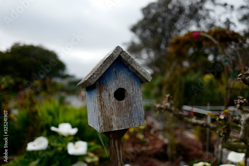 Canvastavla Old blue wooden birdhouse with blurry garden in the background