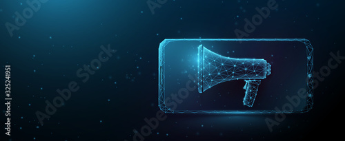 Business media advertising or digital internet marketing icon. Smartphone with megaphone. Lines, triangles and particle style design